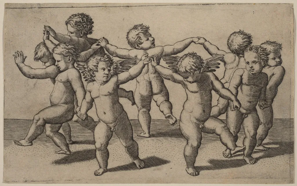Dance of Cupids, by Marcantonio Raimondi, ink, 1518