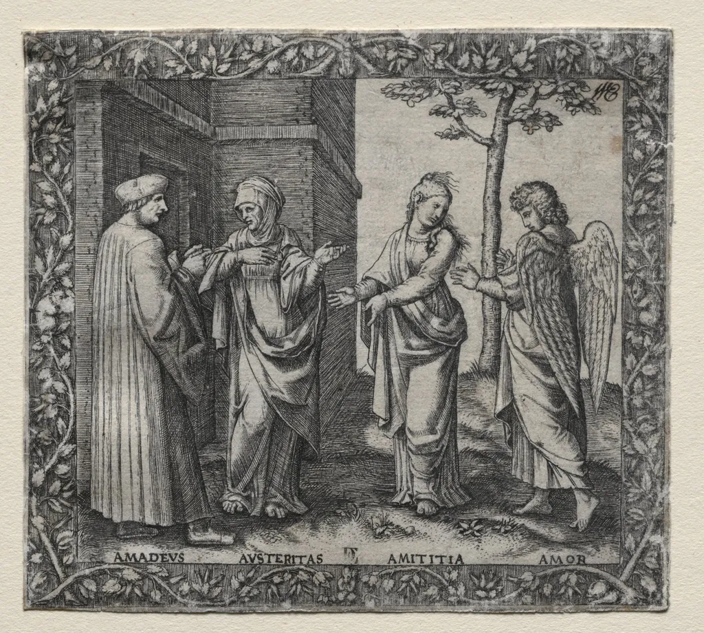 Illustration to Amadeo Berruti's Dialogue on Friendship, Rome, 1517, by Marcantonio Raimondi, 1517
