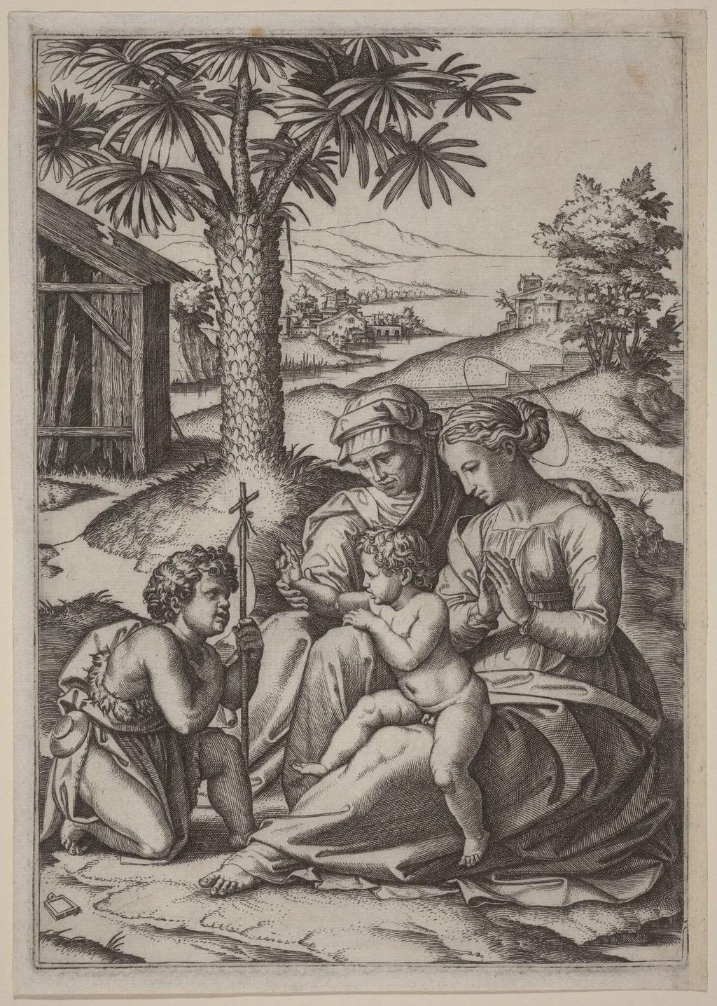 Madonna under a Palm Tree, by Marcantonio Raimondi, ink, 1507