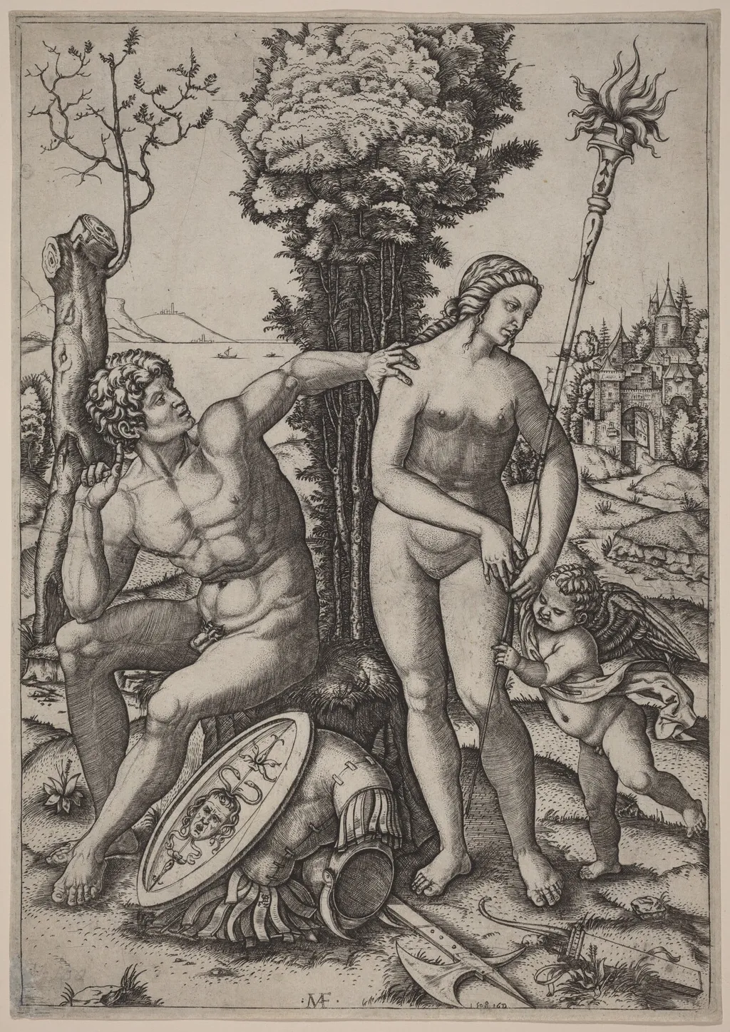 Mars, Venus, and Eros, by Marcantonio Raimondi, ink, 1508