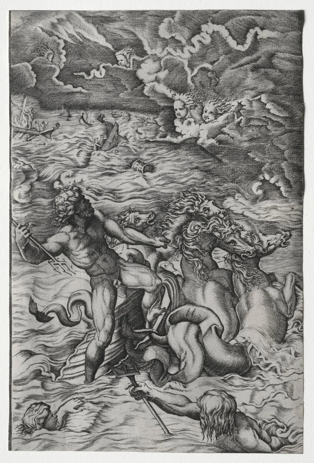 Neptune Calming the Tempest That Aeolus Raised Against Aeneas's Fleet, by Marcantonio Raimondi, 1516