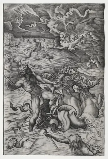Neptune Calming the Tempest That Aeolus Raised Against Aeneas's Fleet, by Marcantonio Raimondi
