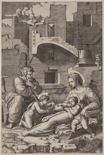 The Holy Family with the Young Saint John the Baptist (The Madonna of the Long Thigh), by Marcantonio Raimondi