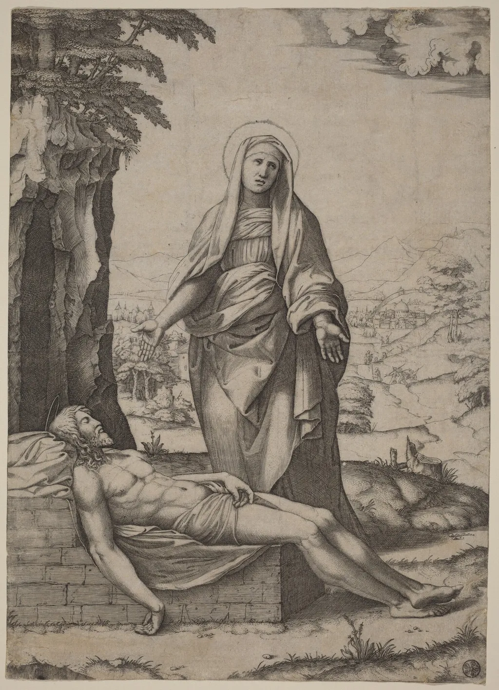 The Lamentation of the Virgin, by Marcantonio Raimondi, ink, 1510