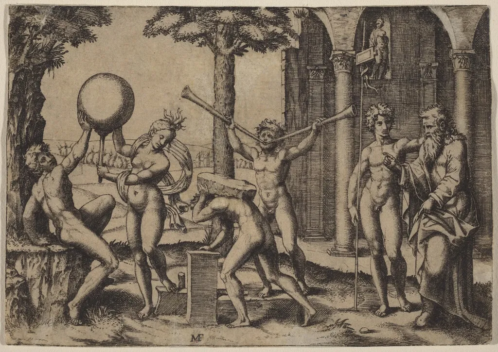 The Man with Two Trumpets, by Marcantonio Raimondi, ink, 1518