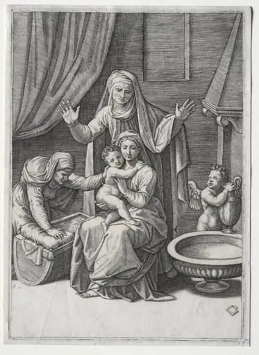 The Virgin and  the Cradle with Saint Elisabeth and Saint Anne, by Marcantonio Raimondi