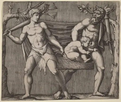 Two Fauns Carrying a Child, by Marcantonio Raimondi