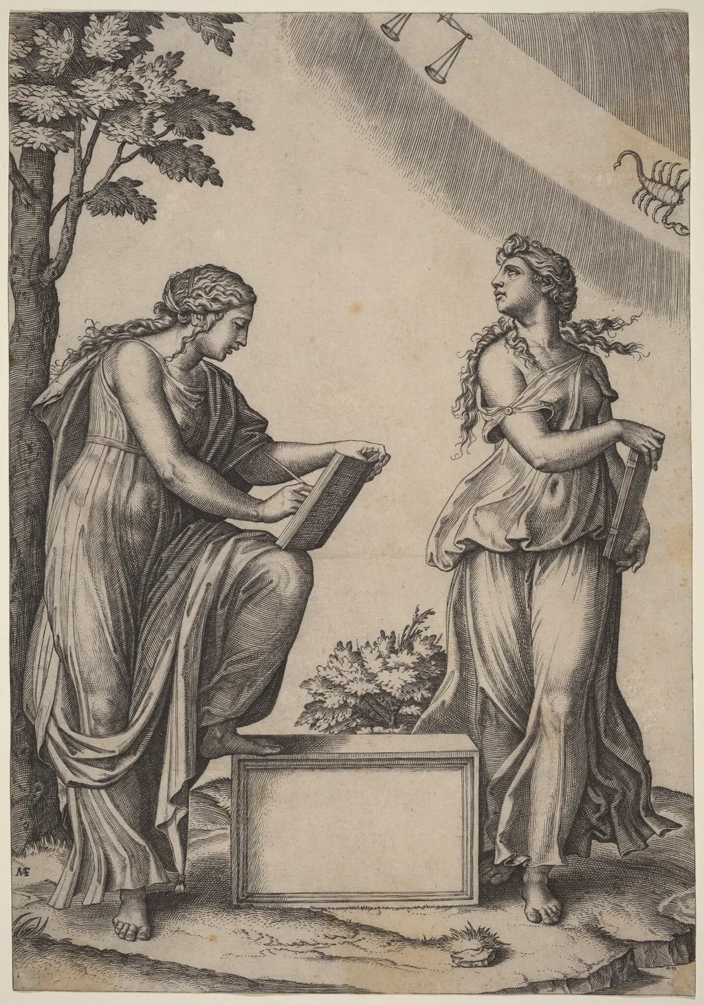 Two Women with the Zodiac, by Marcantonio Raimondi, ink, 1507
