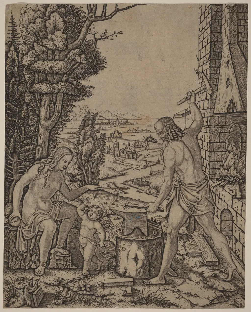 Vulcan, Venus, and Eros, by Marcantonio Raimondi, ink, 1508