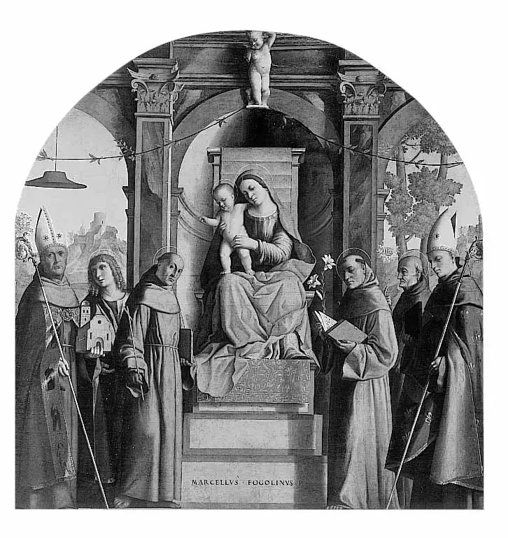 Enthroned virgin Mary with blessing child an saints, by Marcello Fogolino