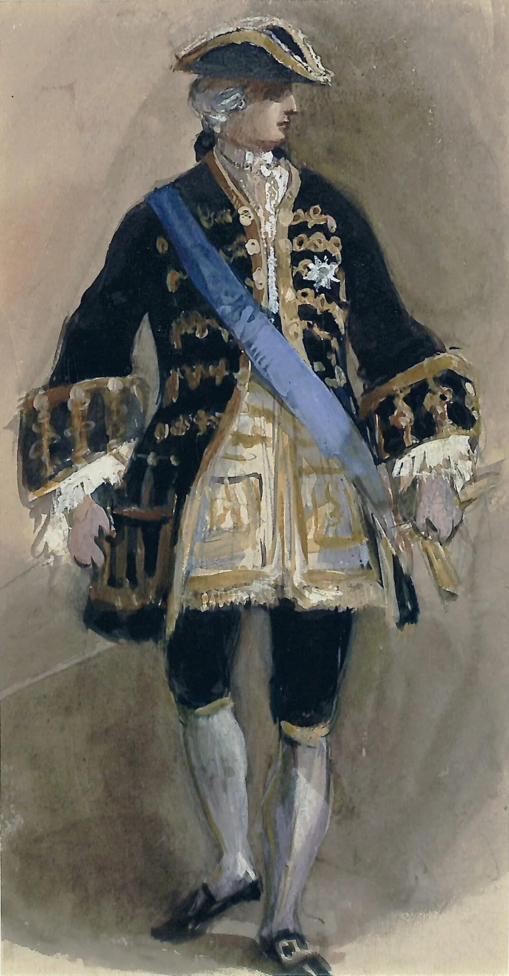 A man in mid-18th century dress, by Marchioness of Waterford Louisa Anne, watercolor, 1864