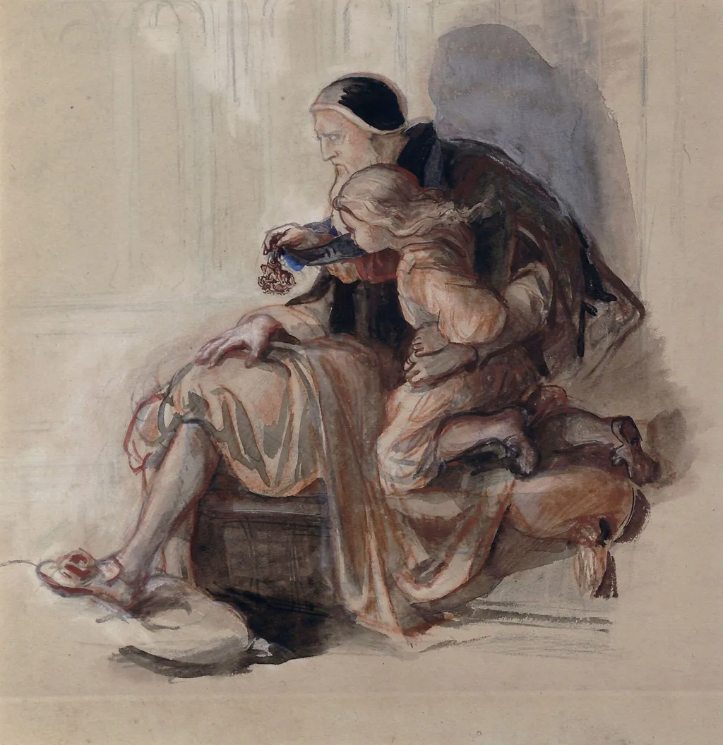 An Aged Knight, and a Child Playing with the Order of the Garter, by Marchioness of Waterford Louisa Anne, watercolor, 1850