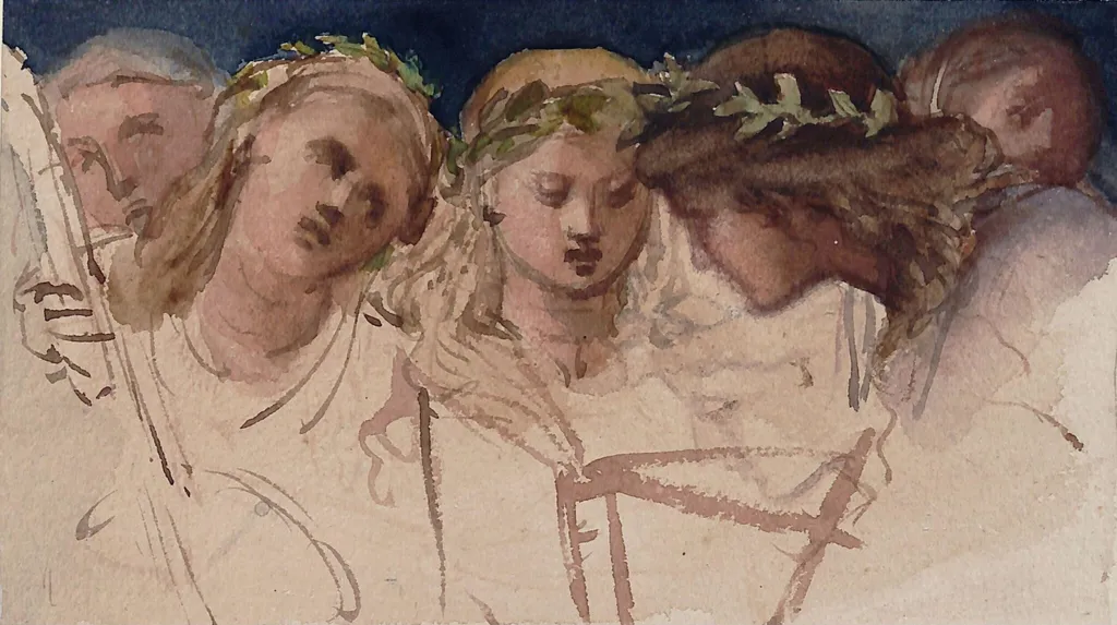 Girls with Wreaths and a Guitar, by Marchioness of Waterford Louisa Anne, watercolor, 1850