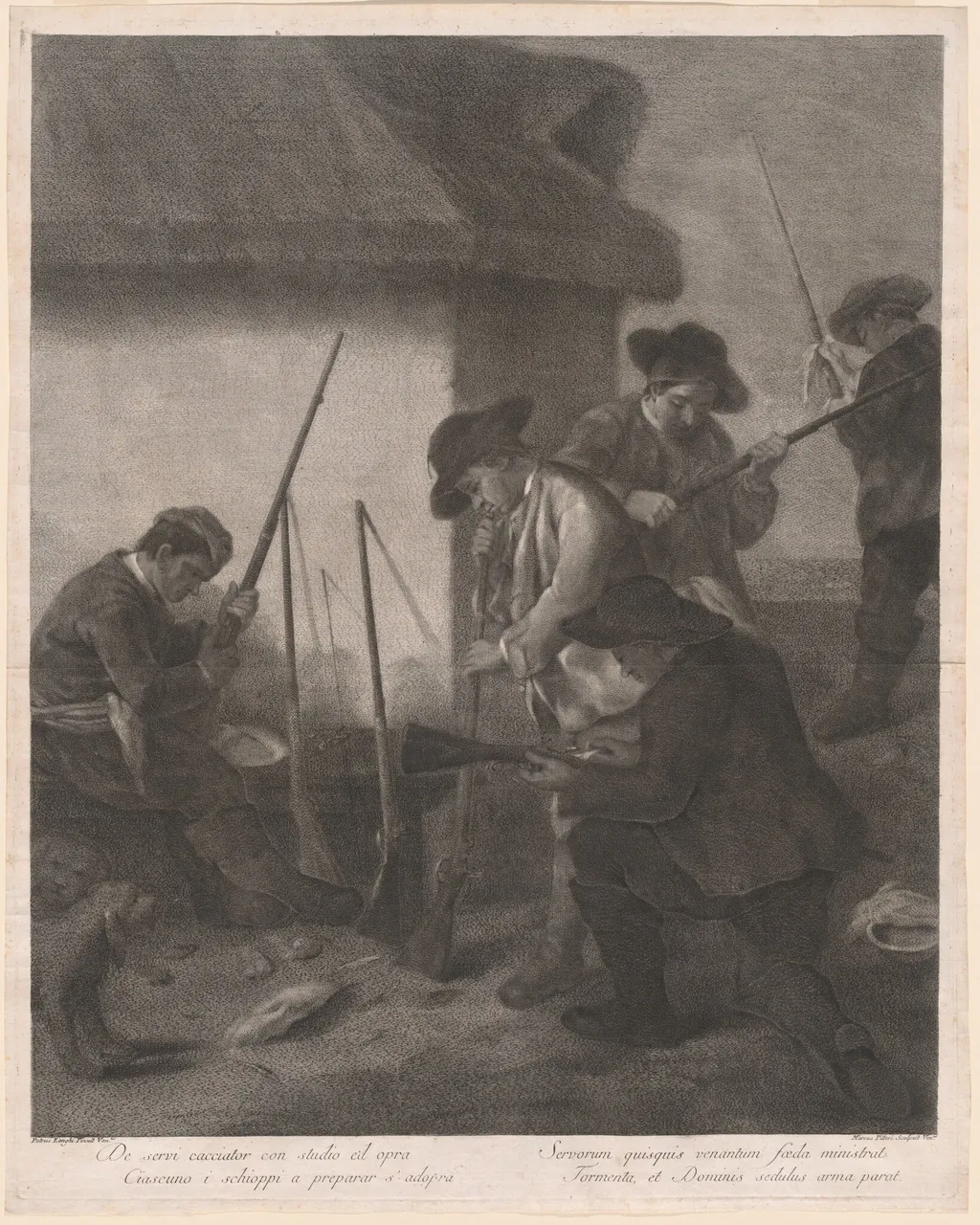 De Servi Cacciator... (Servants Preparing the Guns for the Hunt), by Marco Alvise Pitteri, ink, 1763