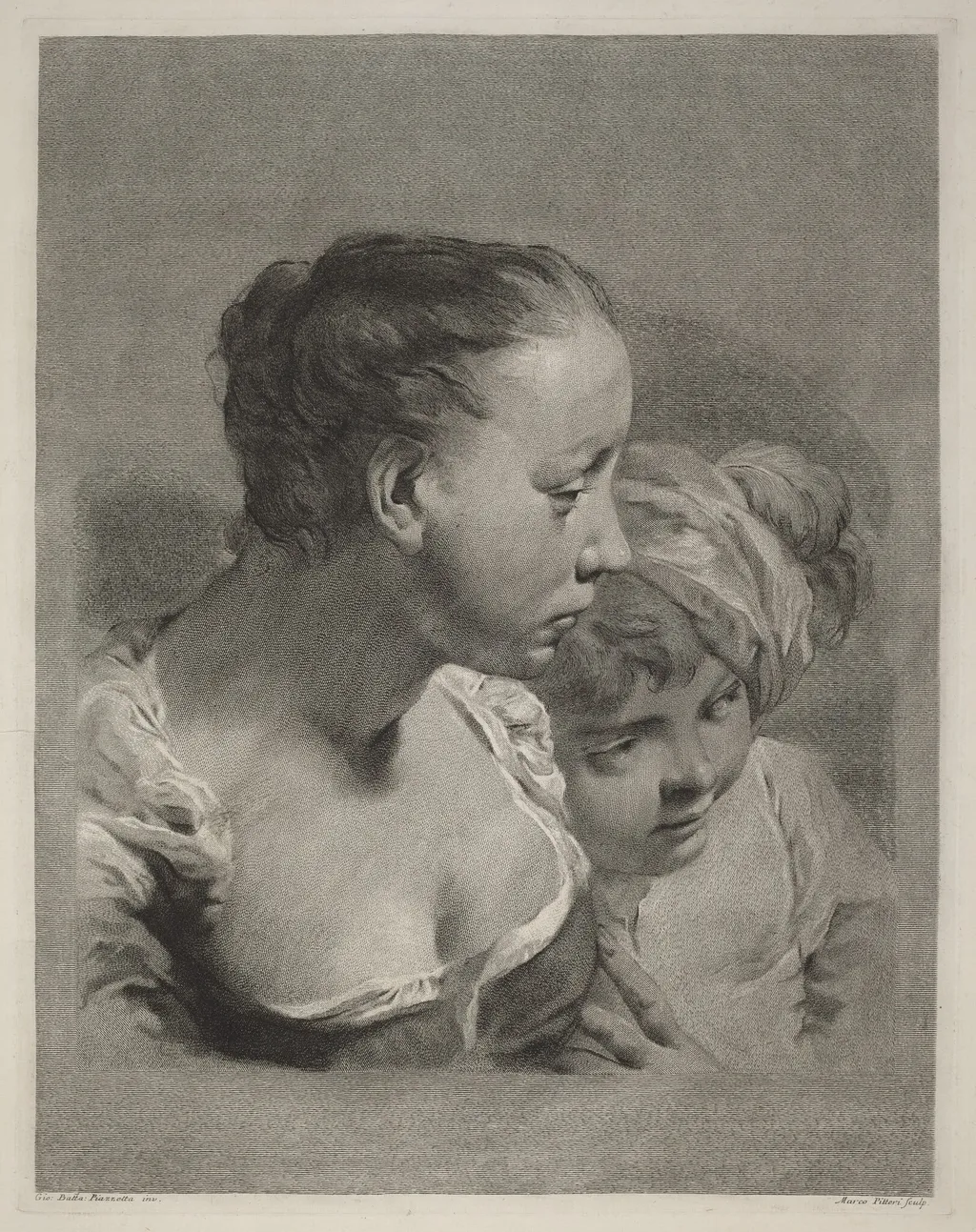 Young Woman and a Boy Facing Right, by Marco Alvise Pitteri, ink, 1744