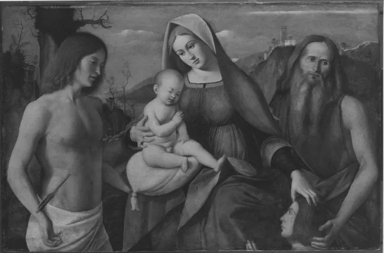 Madonna and Child, Saints Jeronimo, Sebastian und a donor, by Marco Basaiti, unspecified, 1500