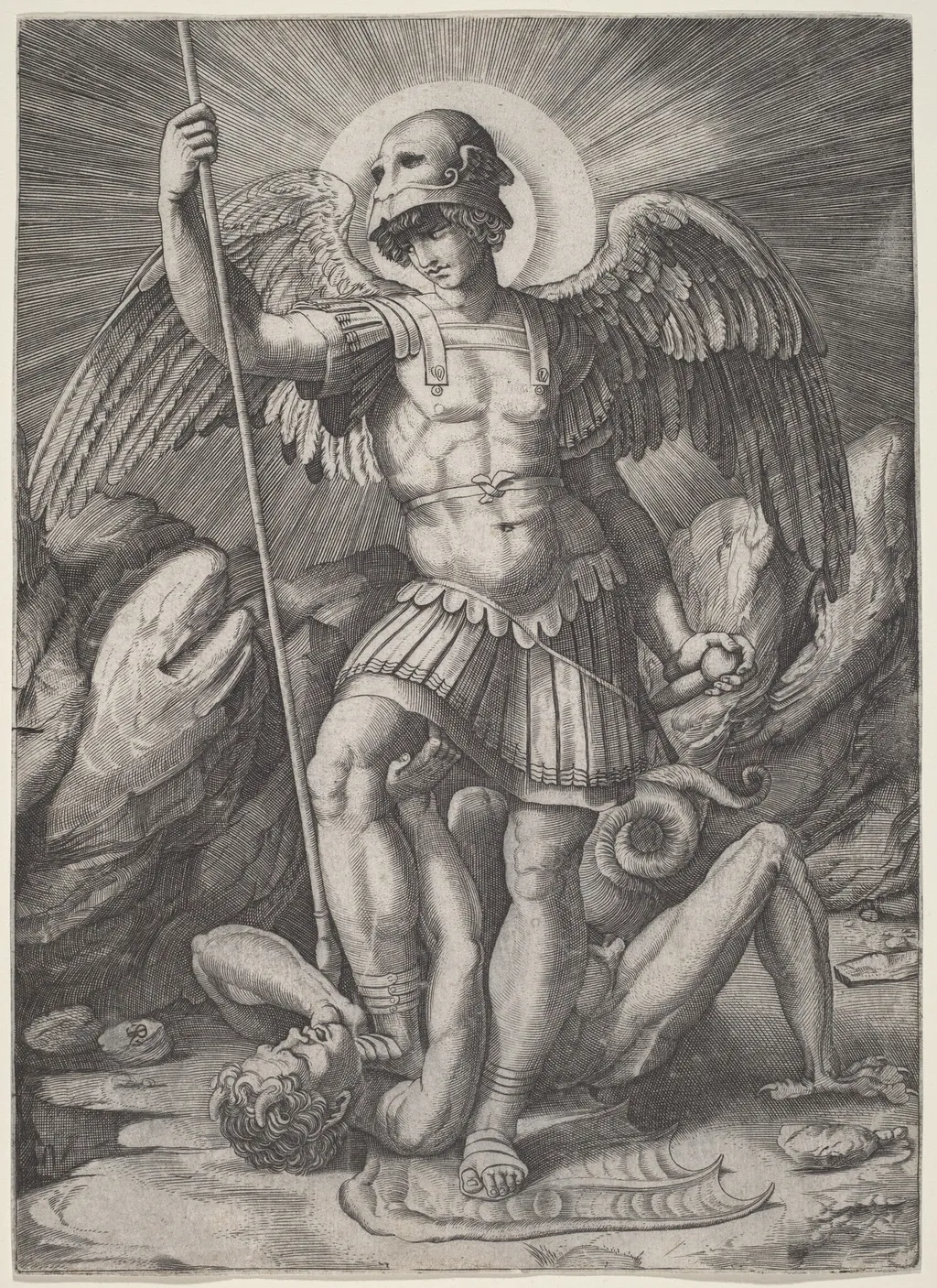 Saint Michael, by Marco Dente, ink, 1520