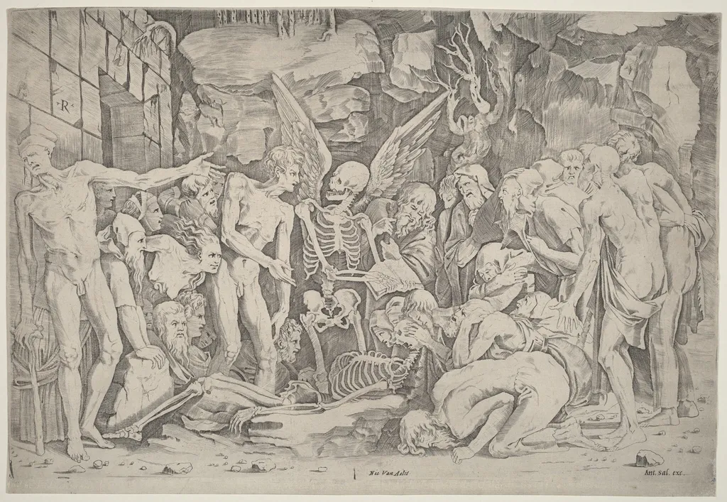 The Skeletons, by Marco Dente, ink, 1518