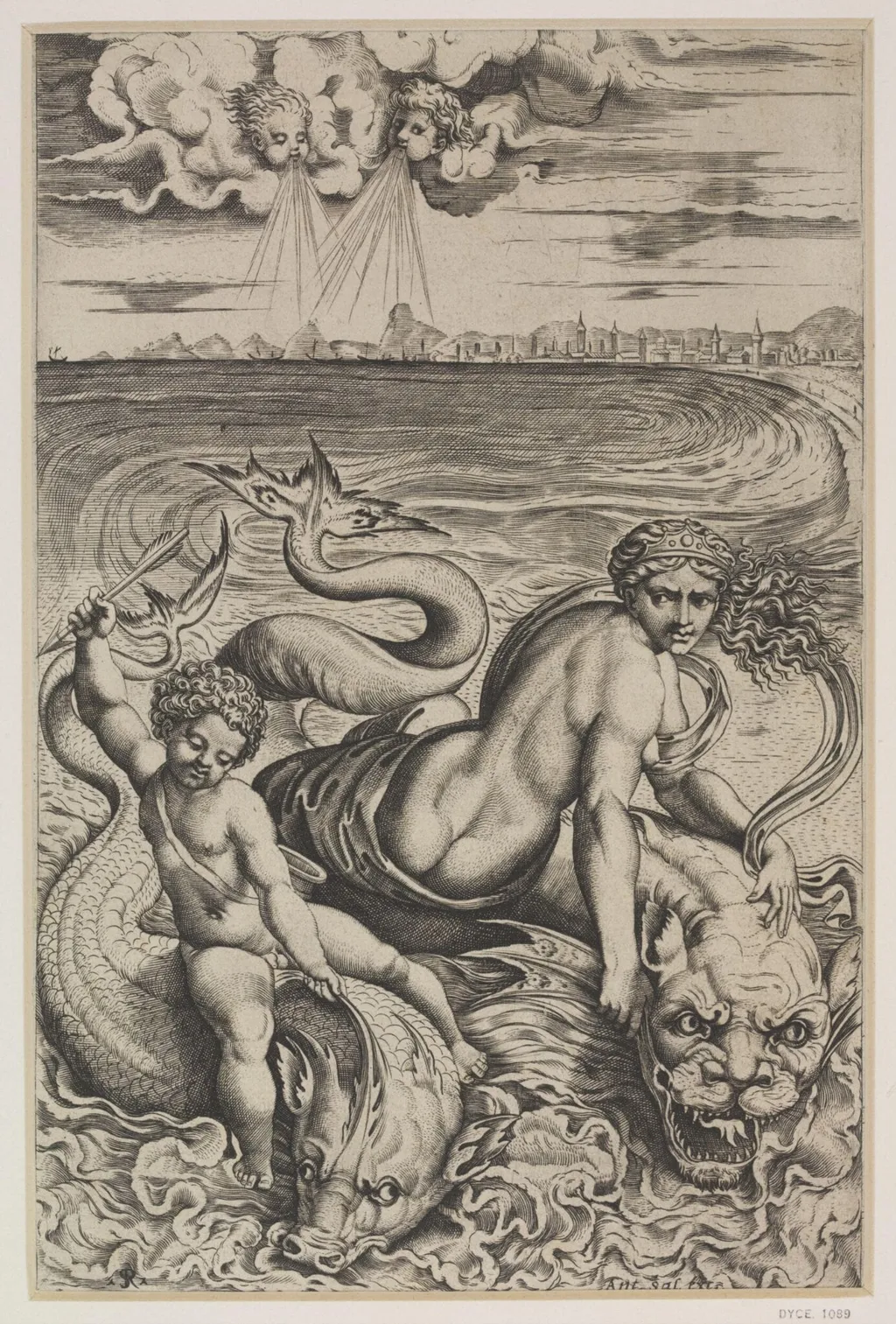 Venus and Cupid on the Sea Riding on Dolphins, by Marco Dente