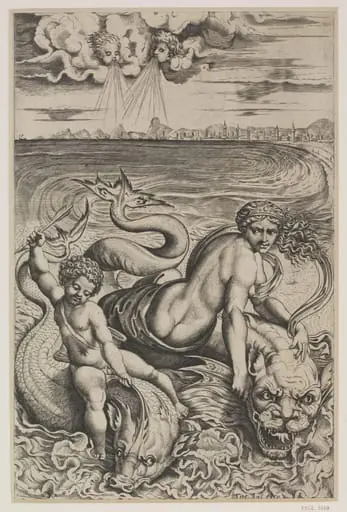 Venus and Cupid on the Sea Riding on Dolphins, by Marco Dente
