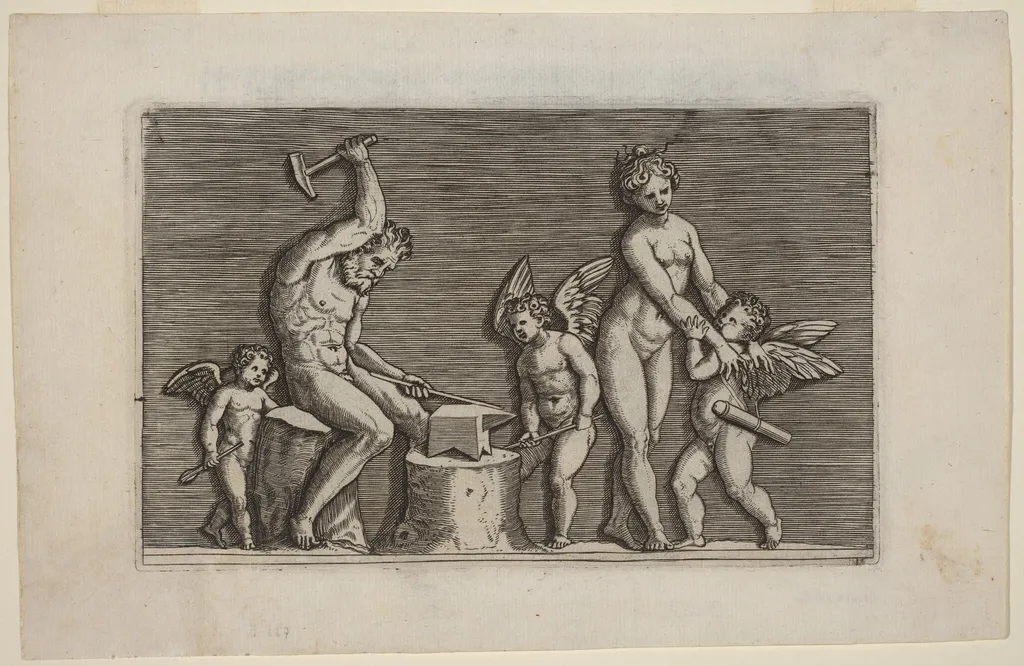 Vulcan at the Forge, by Marco Dente, ink, 1510