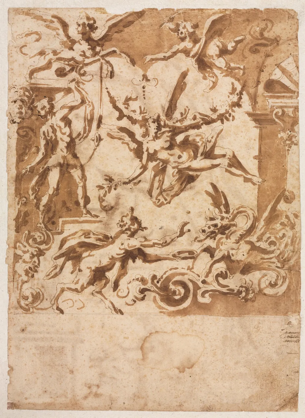 Grotesque with a Satyr Feeding a Dragon (recto), by Marco Marchetti, 1576