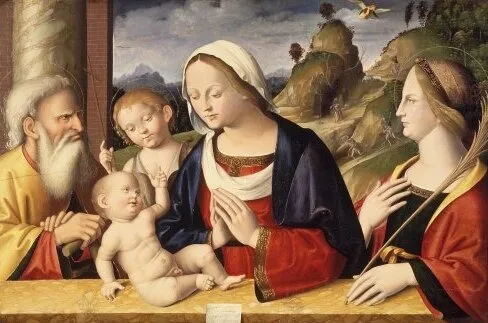 Holy Family with Saints John the Baptist and Catherine of Alexandria, by Marco Palmezzano, unspecified, 1521