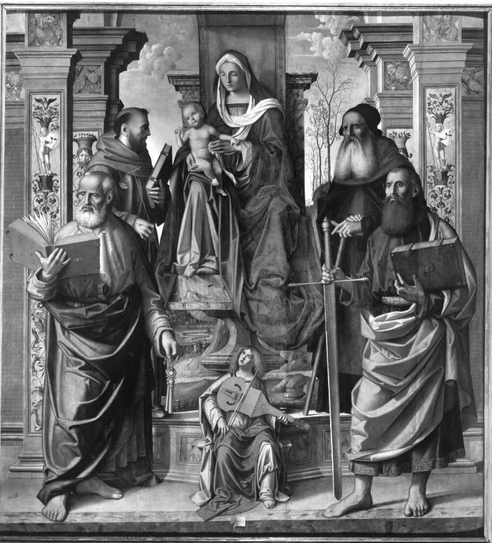 Maria mit Kind und vier Heiligen, by Marco Palmezzano, unspecified, 1500