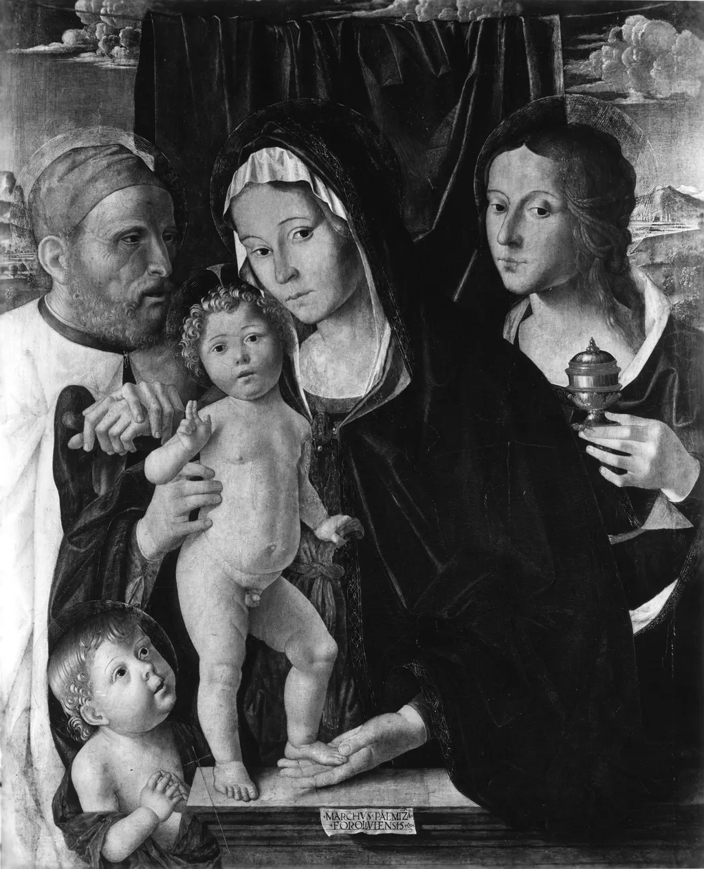The Holy Family with St John the Baptist and St Mary Magdalen, by Marco Palmezzano, oil, 1500