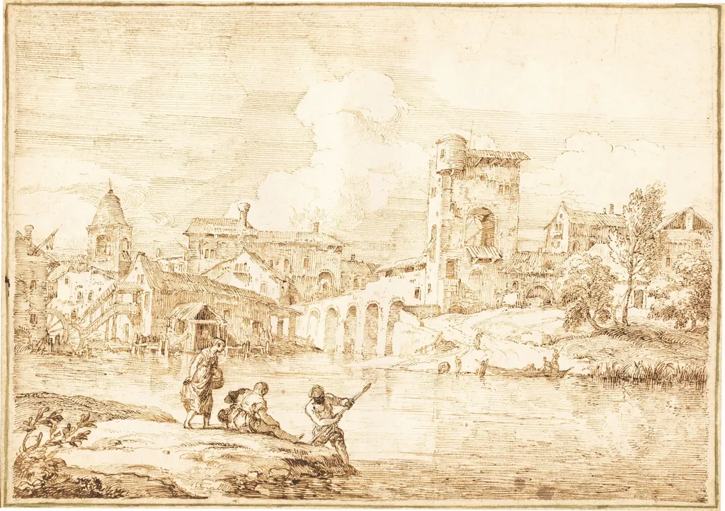 A Fortified Village along a River, by Marco Ricci, ink, 1728