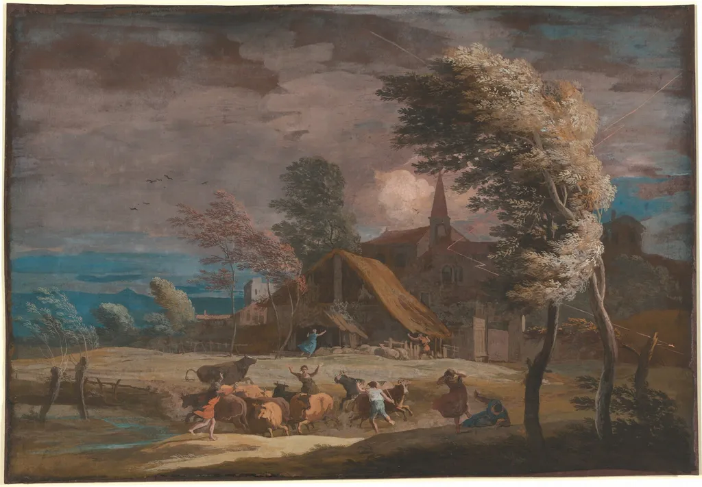 A Stormy Landscape, by Marco Ricci, gouache, 1725