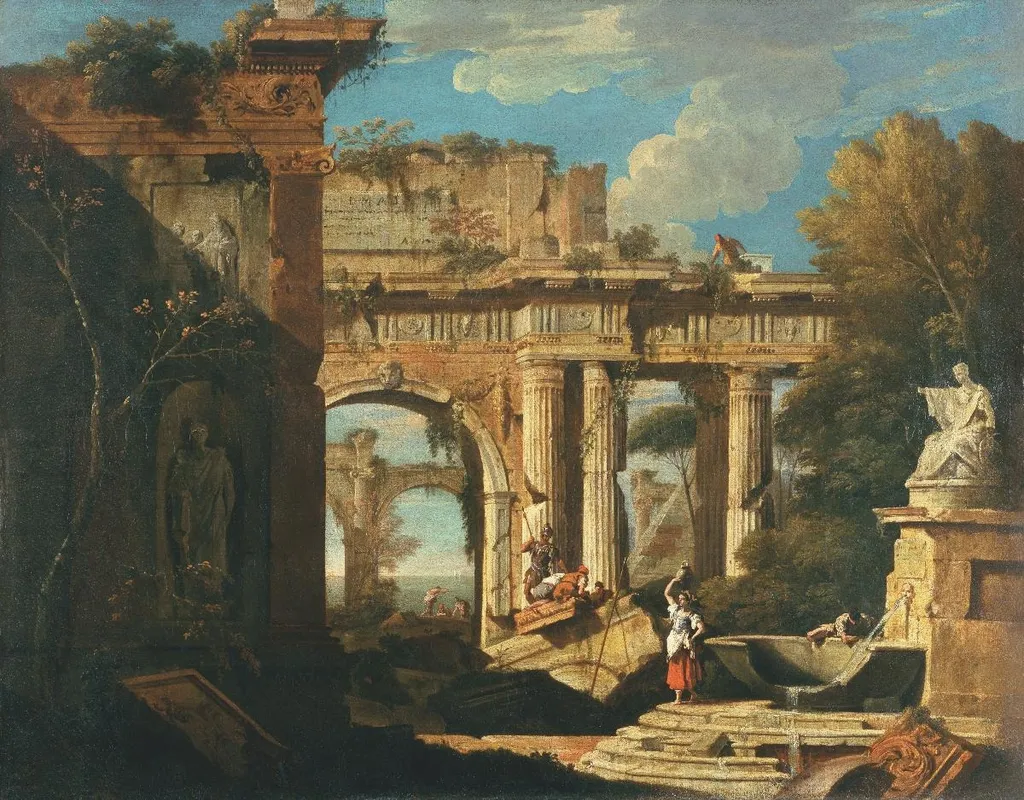Capriccio con rovine romane, by Marco Ricci, oil, 1720