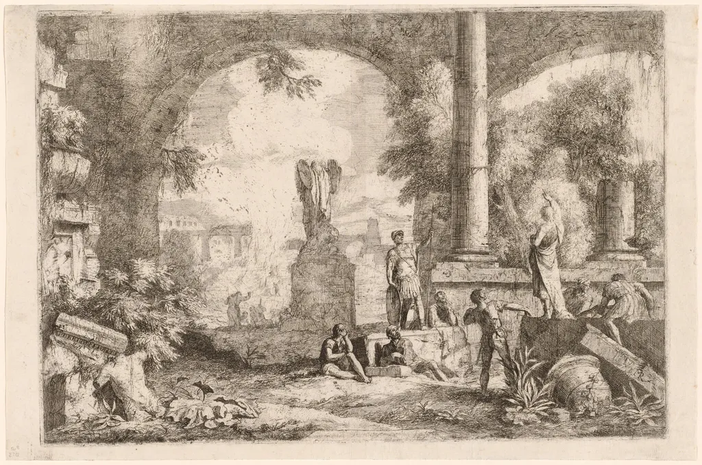 Capriccio of Antique Ruins with Men Gazing at a Classical Orator, by Marco Ricci, ink, 1724