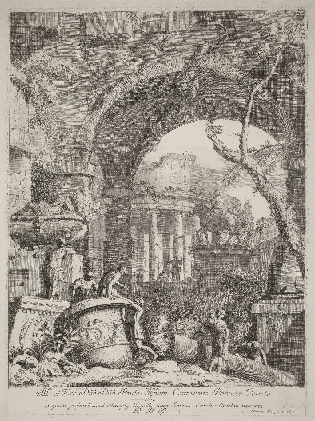 Capriccio: Ruins, by Marco Ricci, ink, 1702