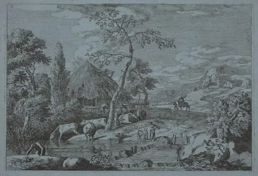 Cattle and Figures at a Farmyard Stream, by Marco Ricci