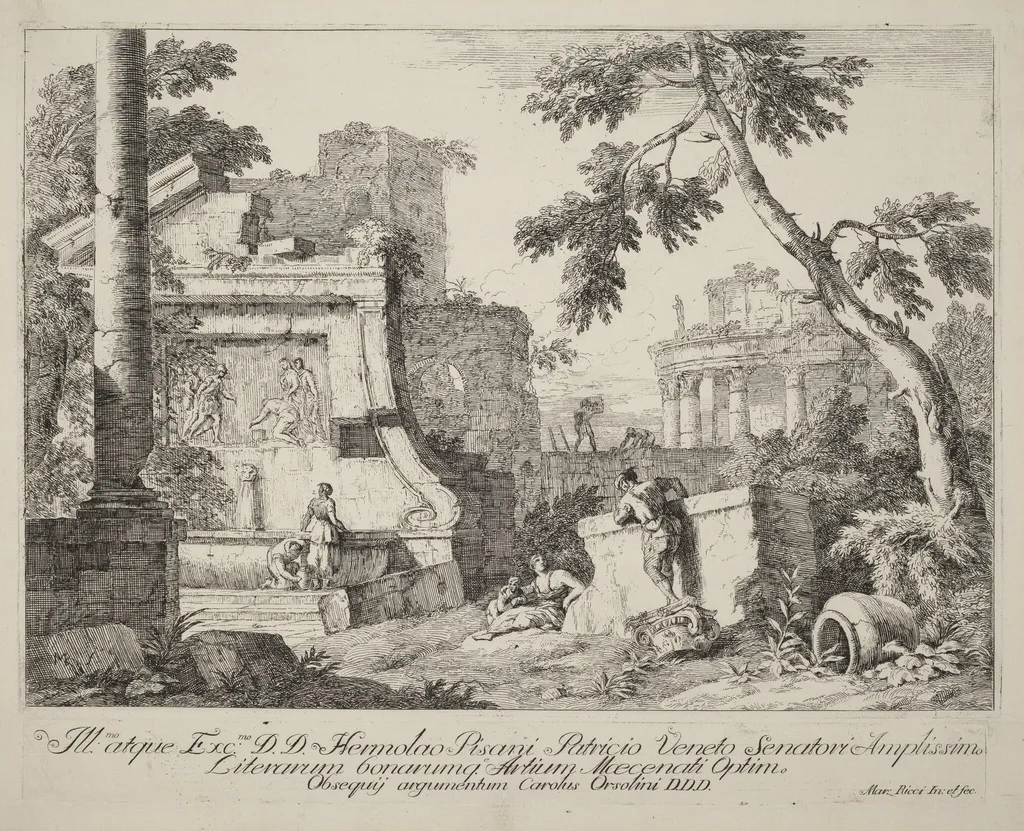 Landscape with Ruins, by Marco Ricci, ink, 1702
