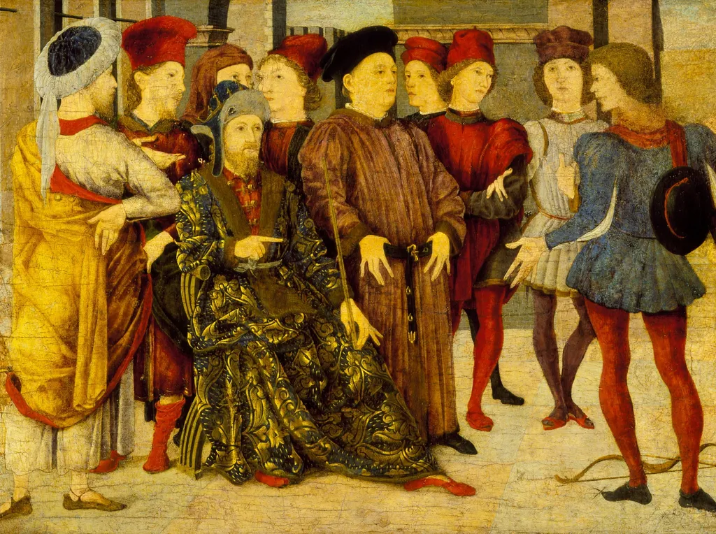 Fragment from a Cassone Panel 'Shooting at Father's Corpse', by Marco Zoppo, tempera, 1462
