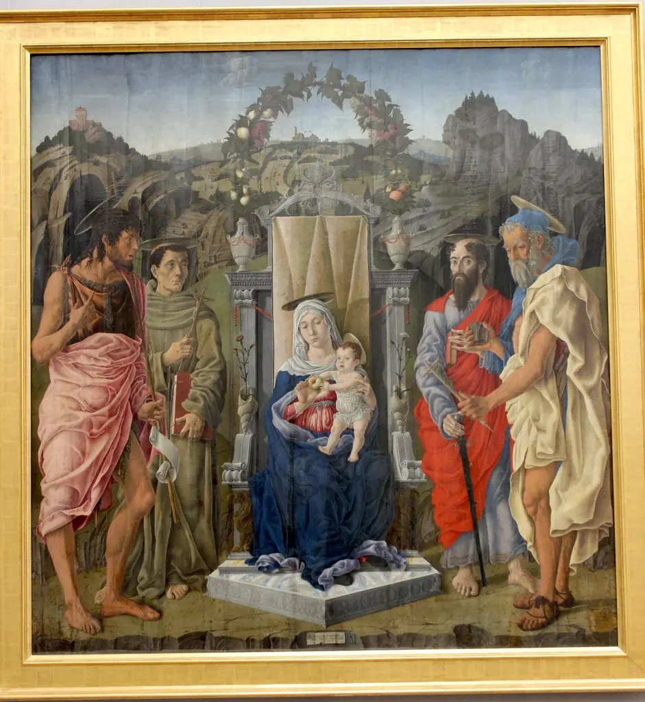 Virgin and Child enthroned with saints John the Baptist, Francis, Paul and Jerome, by Marco Zoppo