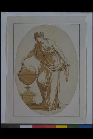A female figure measuring a globe