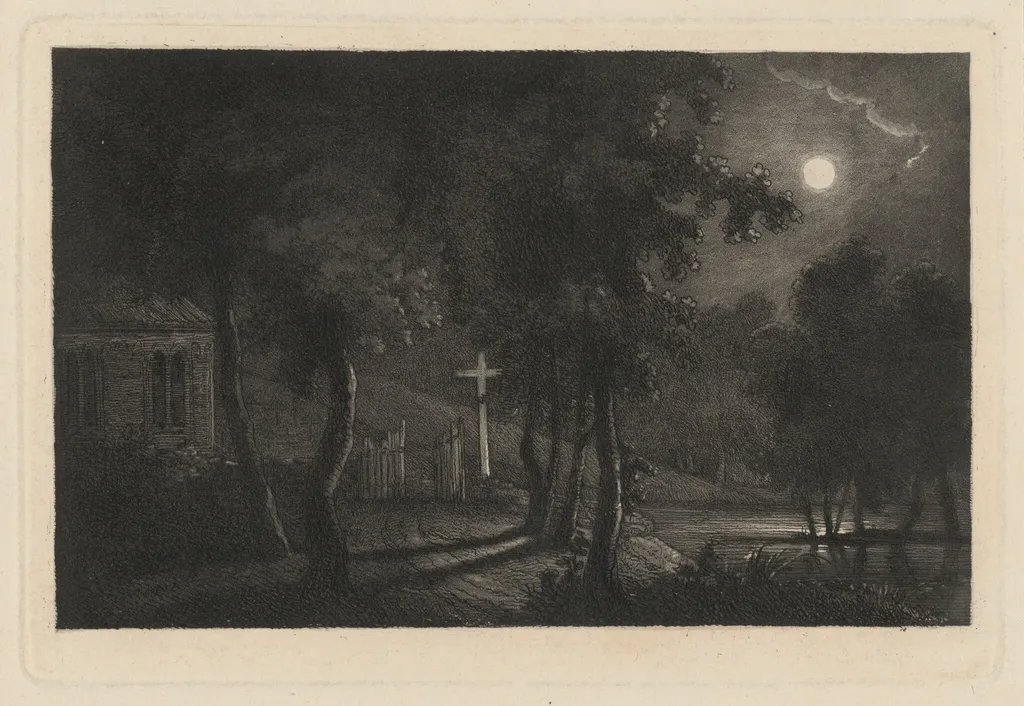 A Lakeside Chapel by Moonlight, by Maria Anna Fischer, ink, 1814