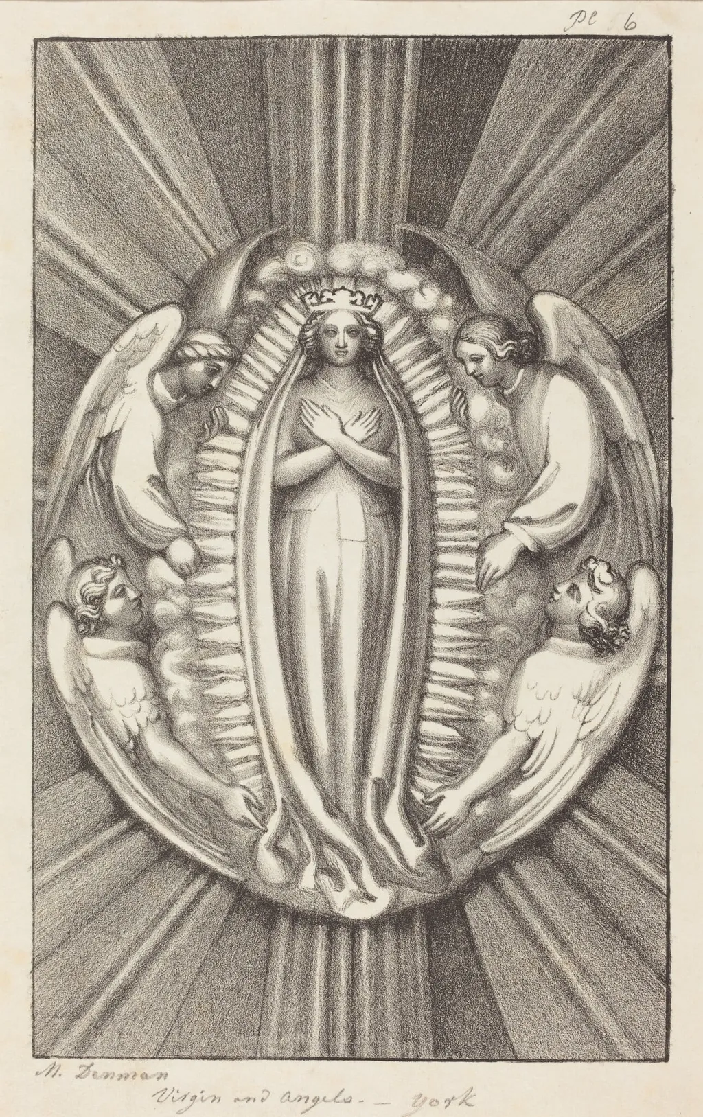 Virgin and Angels, a Key Stone in York, by Maria Denman, ink, 1829