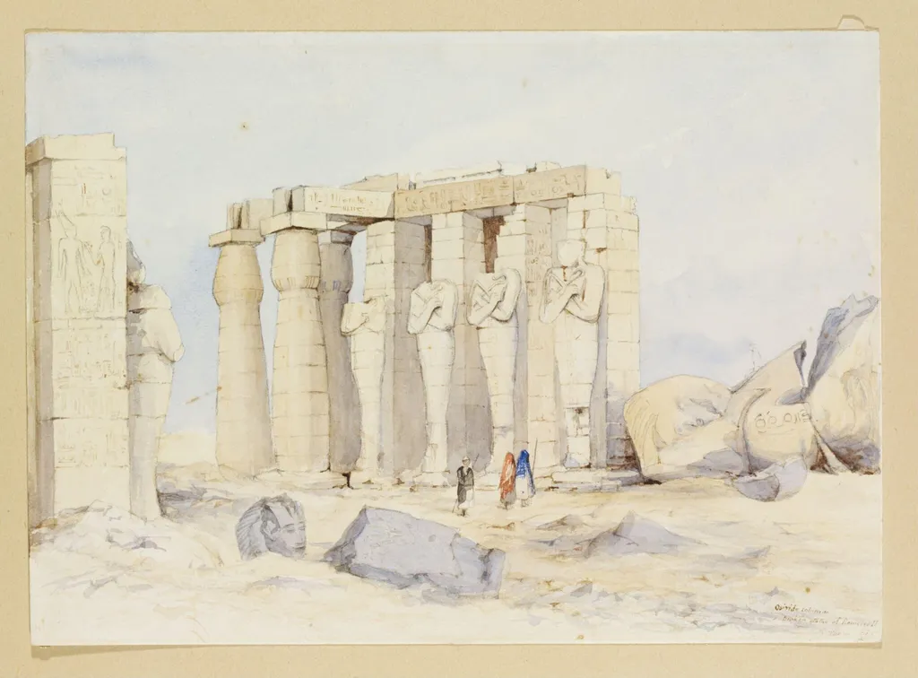 Osiride columns broken statue of Rameses II Memnonium Thebes, by Maria Harriett Mathias, watercolor, 1857
