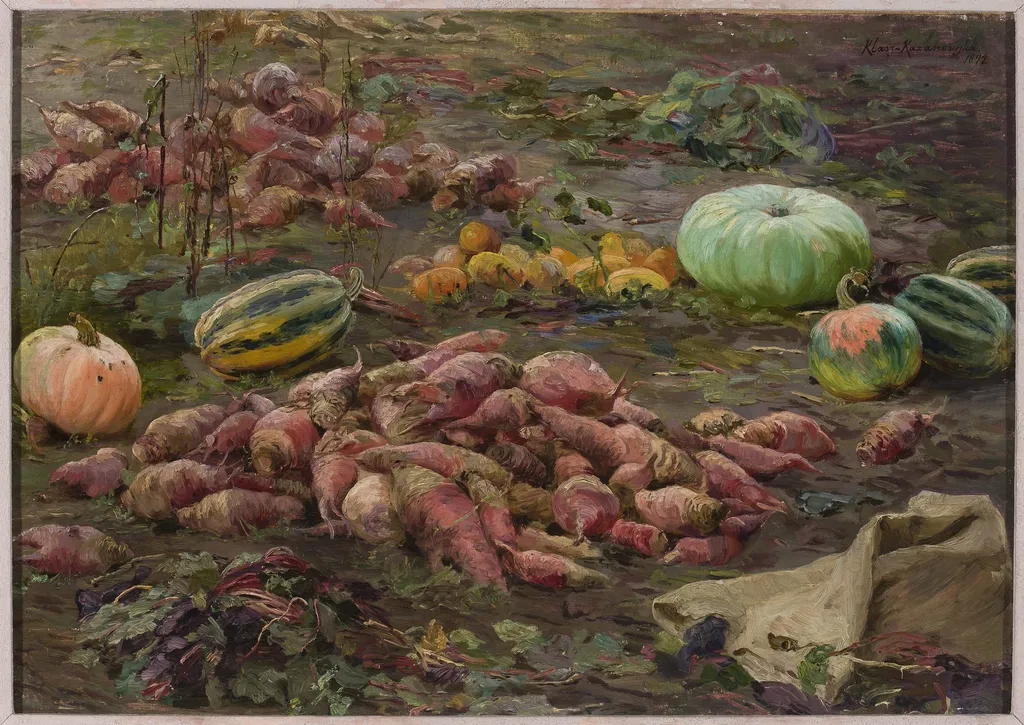 Still life – bumpkins and pumpkins in the field, by Maria Klass-Kazanowska, oil, 1896