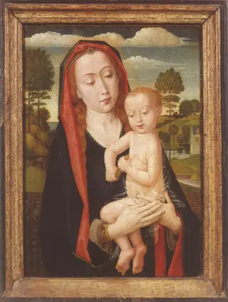 Maria met kind voor een borstwering met doorzicht naar een heuvellandschap
