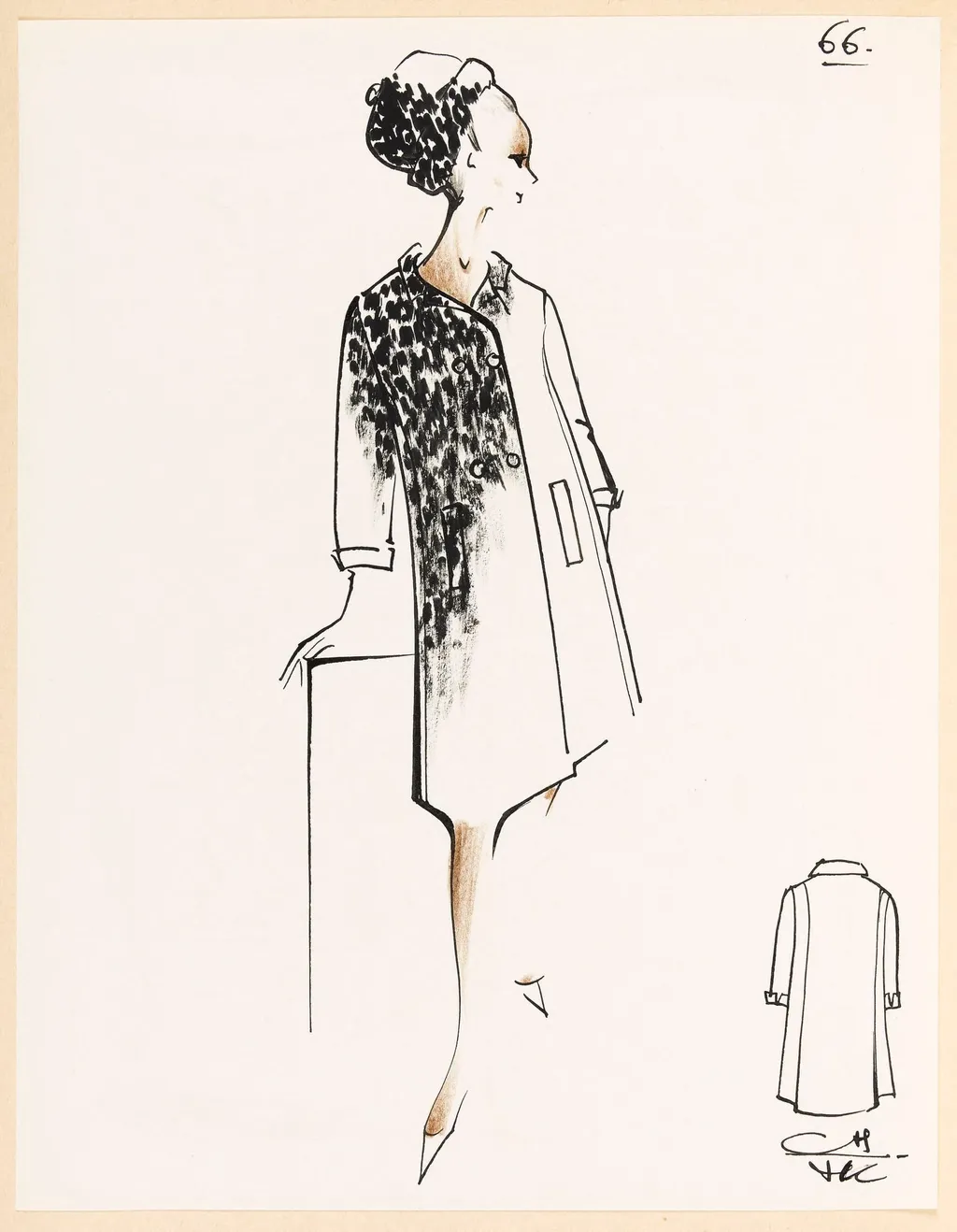 Manteau blanc à motif noir et chapeau assorti, by Marie-Louise Carven, 1967