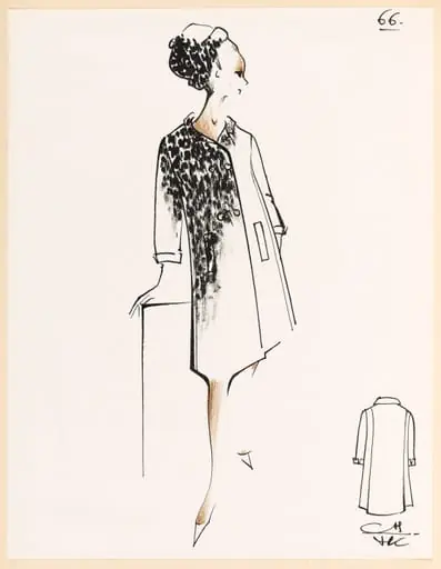 Manteau blanc à motif noir et chapeau assorti, by Marie-Louise Carven