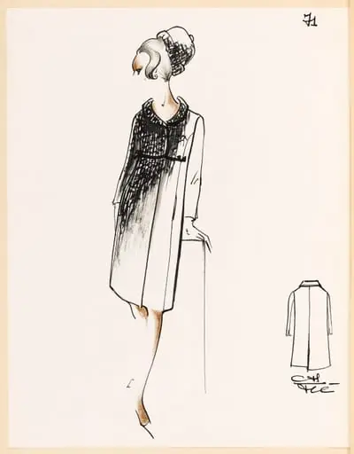 Manteau fermé sous la poitrine avec chapeau, by Marie-Louise Carven