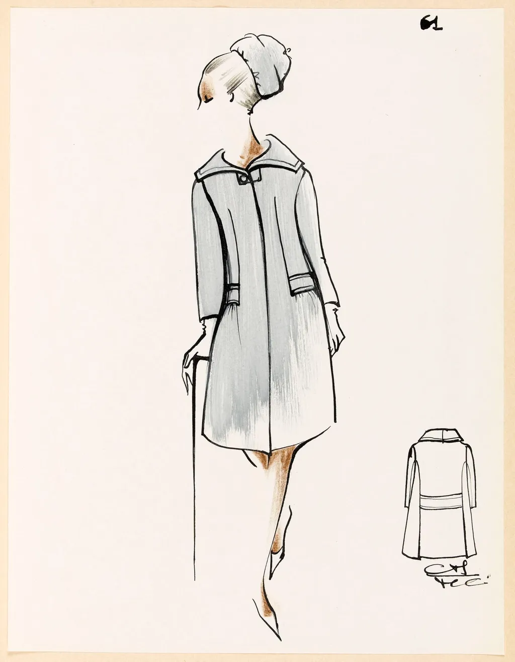 Manteau gris bleu et chapeau assorti, by Marie-Louise Carven, 1967