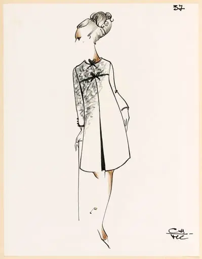 Manteau gris noué au col et sur la poitrine, by Marie-Louise Carven