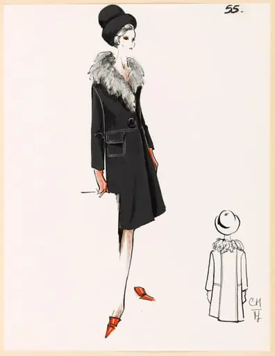 Manteau noir à col de fourrure et chapeau assorti, by Marie-Louise Carven